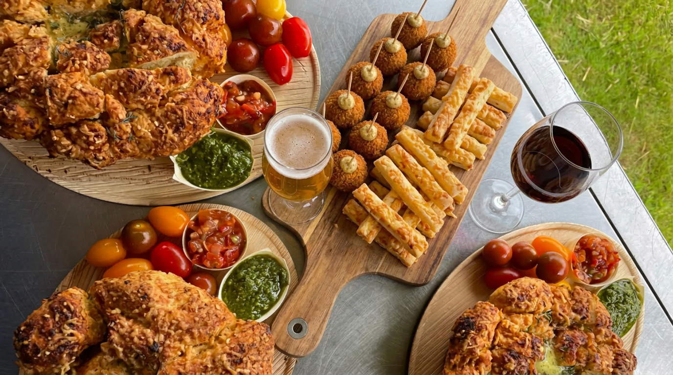 Borrelhapjes, brood en drankjes op een uitgifteblad, klaar om geserveerd te worden